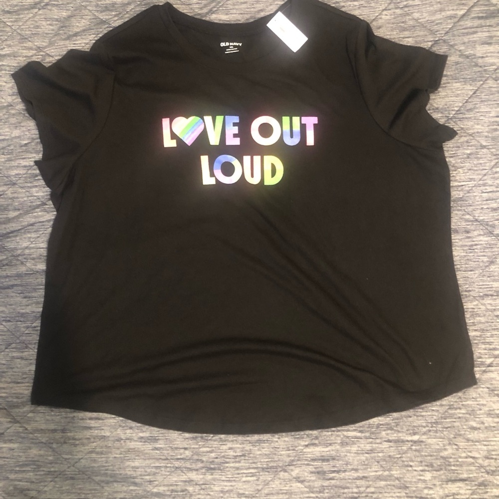 Old Navy Black Tee with Rainbow "Love Out Loud" Graphic